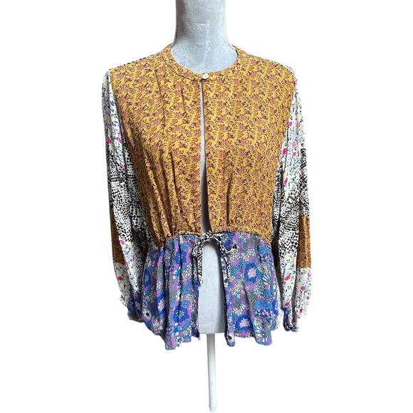 LOGO Lavish by Lori Goldstein Mixed Print Tie Waist Peplum Boho Blouse XS Gold - Picture 1 of 6